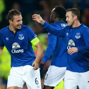 Everton's Jagielka and McGeady Celebrate Europa League Goals vs. Lille