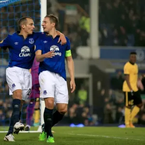 Everton's Jagielka and Osman: Double Strike Celebration in Europa League Victory over Lille