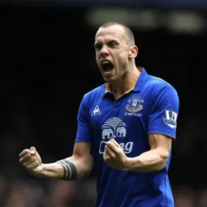 Everton's Johnny Heitinga: Celebrating Victor Anichebe's Game-Winning Goal (4-0 vs. Sunderland, Goodison Park, April 9, 2012) Everton's Johnny Heitinga: Celebrating Victor Anichebe's Game-Winning Goal (4-0 vs. Sunderland, Goodison Park, April 9, 2012)