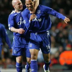 Evertons Joleon Lescott celebrates scoring against Aston Villa with teammate Lee Carsley during the