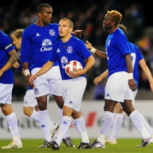 Everton's Louis Saha: Celebrating a Goal in Melbourne Heart Pre-Season Friendly at Etihad Stadium