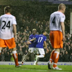 Everton's Louis Saha in Triumphant Celebration After Scoring the Third Goal Against Blackpool (05 February 2011) Everton's Louis Saha in Triumphant Celebration After Scoring the Third Goal Against Blackpool (05 February 2011)