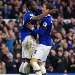 Everton's Lukaku and Barkley Celebrate Third Goal Print Everton's Lukaku and Barkley Celebrate Third Goal Print