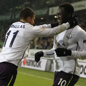 Everton's Lukaku and Mirallas: United in Victory - Celebrating First Goal vs. VfL Wolfsburg (UEFA Europa League)