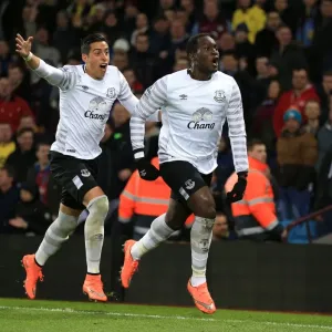 Everton's Lukaku Scores and Celebrates with Funes Mori: Aston Villa (BPL) Everton's Lukaku Scores and Celebrates with Funes Mori: Aston Villa (BPL)