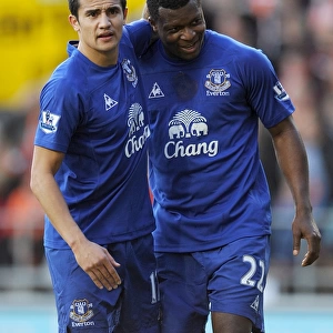 Everton's Power Duo: Tim Cahill and Yakubu in Action against Blackpool