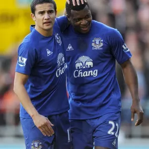 Everton's Power Duo: Tim Cahill and Yakubu in Action against Blackpool Everton's Power Duo: Tim Cahill and Yakubu in Action against Blackpool