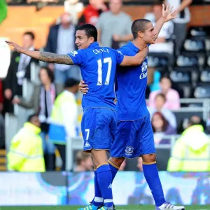 Everton's Rodwell and Cahill: Celebrating a Triumphant Third Goal Against Fulham (October 2011)