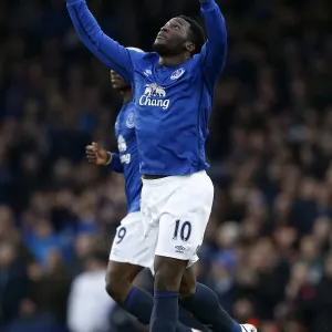 Everton's Romelu Lukaku celebrates his second goal in a Premier League match print