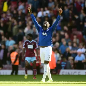 Everton's Romelu Lukaku: Double Delight - Celebrating His Second Goal Against West Ham United in the Premier League Everton's Romelu Lukaku: Double Delight - Celebrating His Second Goal Against West Ham United in the Premier League