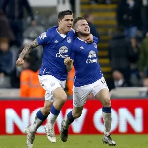 Everton FC Print: Cleverly and Besic Celebrate at St. James Park