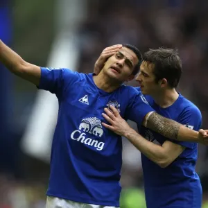 Everton's Tim Cahill and Leighton Baines: Unforgettable Goal Celebration Against Liverpool at Goodison Park Everton's Tim Cahill and Leighton Baines: Unforgettable Goal Celebration Against Liverpool at Goodison Park