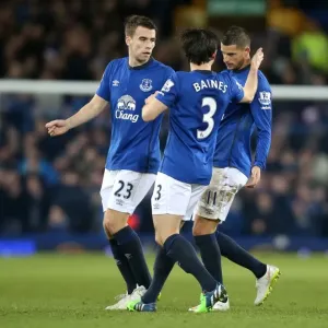 Everton's Triumph: Mirallas, Baines, and Coleman Celebrate Second Goal vs. Queens Park Rangers Everton's Triumph: Mirallas, Baines, and Coleman Celebrate Second Goal vs. Queens Park Rangers