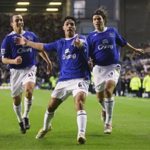Football - Everton v Bolton Wanderers FA Barclays Premiership - Goodison Park - 06 / 07 - 18 / 11 / 06 Evertons Mikel Arteta celebrates after scoring the first goal with Nuno Valente and Leon Osman Mandatory Credit: Action Images / Carl Recine Football - Everton v Bolton Wanderers FA Barclays Premiership - Goodison Park - 06 / 07 - 18 / 11 / 06 Evertons Mikel Arteta celebrates after scoring the first goal with Nuno Valente and Leon Osman Mandatory Credit: Action Images / Carl Recine