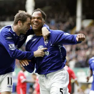 Football - Everton v Middlesbrough Barclays Premier League - Goodison Park - 30 / 9 / 07 Evertons Joleon Lescott (R) celebrates scoring their first goal with team mate James McFadden Mandatory Credit: Action Images / Keith