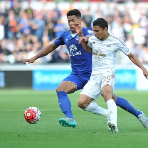 Intense Rivalry: Browning vs. Montero's Battle for Ball Possession (Swansea City vs. Everton, Barclays Premier League) Intense Rivalry: Browning vs. Montero's Battle for Ball Possession (Swansea City vs. Everton, Barclays Premier League)