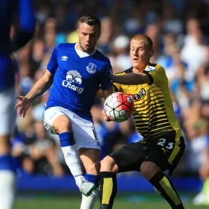 Intense Rivalry: Cleverley vs Watson's Battle for Ball Supremacy - Everton vs Watford, Premier League, Goodison Park Intense Rivalry: Cleverley vs Watson's Battle for Ball Supremacy - Everton vs Watford, Premier League, Goodison Park