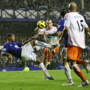 Jermaine Beckford's Determined Shot: Everton FC vs Blackpool, Barclays Premier League, Goodison Park (5 February 2011) Jermaine Beckford's Determined Shot: Everton FC vs Blackpool, Barclays Premier League, Goodison Park (5 February 2011)