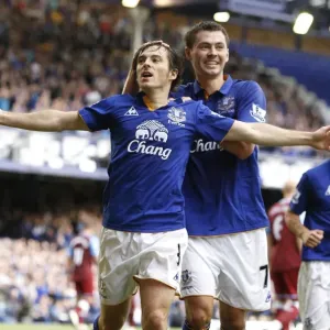Leighton Baines Scores and Celebrates with Bilyaletdinov: Everton's Penalty Goal vs Aston Villa (Barclays Premier League, 10 September 2011)
