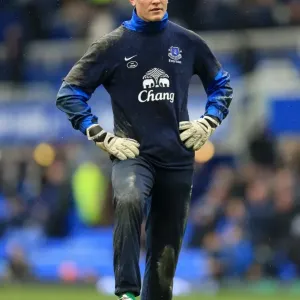 Mason Springthorpe in Deep Thought: Everton Goalkeeper's Contemplative Moment Before FA Cup Quarterfinal vs. Wigan Athletic (Everton 0-3, March 9, 2013)