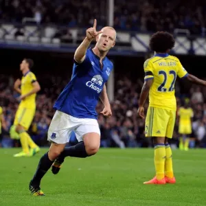 Print of Steven Naismith celebrating Everton's second goal at Goodison Park Print of Steven Naismith celebrating Everton's second goal at Goodison Park
