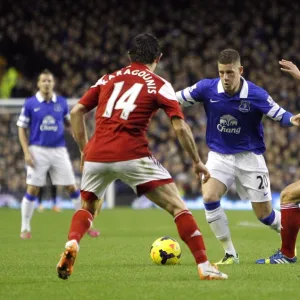 Ross Barkley's Determined Clash with Fulham Defenders in Everton's 4-1 Premier League Triumph at Goodison Park (Dec 14, 2013)