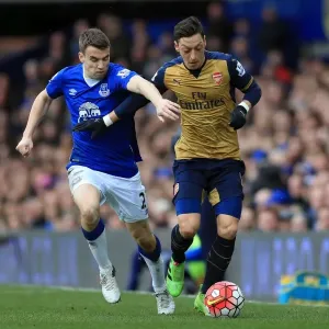 Seamus Coleman vs. Mesut Ozil: A Battle for the Ball at Goodison Park - Everton vs. Arsenal, Barclays Premier League Seamus Coleman vs. Mesut Ozil: A Battle for the Ball at Goodison Park - Everton vs. Arsenal, Barclays Premier League