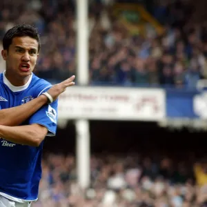 Tim Cahill celebrates scoring Evertons second