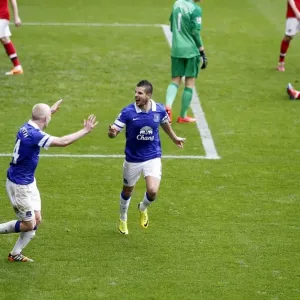 Triumphant Everton: Mirallas, Naismith Celebrate Arteta's Own Goal (3-0 vs Arsenal, Goodison Park, 06-04-2014) Triumphant Everton: Mirallas, Naismith Celebrate Arteta's Own Goal (3-0 vs Arsenal, Goodison Park, 06-04-2014)