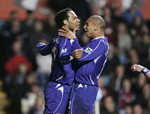 Images Dated 2nd April 2007: Aston Villa v Everton oleon Lescott celebrates scoring with team mate James Vaughan
