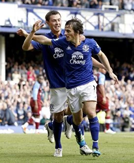 Images Dated 10th September 2011: Baines Scores and Celebrates with Bilyaletdinov: Everton's Penalty Goal vs Aston Villa