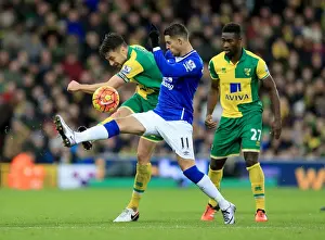 Framed Print : Battle for the Ball: Mirallas vs. Martin at Carrow Road - Norwich City vs. Everton, Barclays Premier League