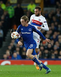 Battle for the Ball: Tom Davies vs. Lucas Tousart in UEFA Europa League Group E - Everton vs. Olympique Lyonnais at Goodison Park