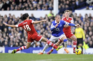 Everton 2 V Southampton 1 : Goodison Park : 29-12-2013 Prints: Battling Midfielders: Ross Barkley's Tussle with Ward-Prowse and Cork (Everton vs)