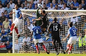 Portsmouth v Everton Collection: David James Defiant Attempt: Everton's Relentless Assault on Portsmouth's Goal (Fratton Park)