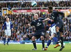 Framed Print : Defending Duo: Lescott and Carsley Shield Everton Against Birmingham Attack in Barclays Premier League, 2007-08 Framed Print : Defending Duo: Lescott and Carsley Shield Everton Against Birmingham Attack in Barclays Premier League, 2007-08
