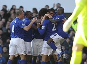 Images Dated 18th February 2012: Denis Stracqualursi Scores the Second Goal: Everton FC's FA Cup Victory over Blackpool at Goodison
