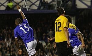 Images Dated 17th September 2009: Distin Scores the Second Goal: Everton FC vs AEK Athens, UEFA Europa League, Goodison Park