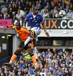 Distin's Dominance: Everton's Sylvain Distin Outjumps Wigan's Titus Bramble in Premier League Showdown at Goodison Park