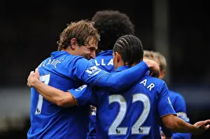 28 April 2012 V Fulham, Goodison Park Prints: Double Trouble: Jelavic and Pienaar Celebrate Everton's Winning Goals vs Fulham (28 April 2012)