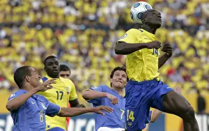Ecuadors Segundo Castillo heads the ball during their World Cup 2010 qualifying soccer match against Brazil in Quito
