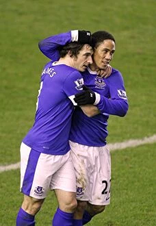 Images Dated 30th January 2013: Everton: Baines and Pienaar Celebrate First Goal Against West Brom in Premier League (30-01-2013)