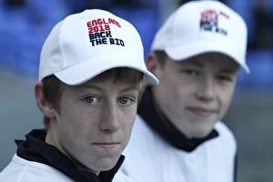 Images Dated 29th November 2010: Everton FC: Two Ball Boys Show Support with Back the Bid Caps at Goodison Park (2010)