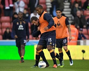 Images Dated 1st May 2012: Everton FC: Jagielka and Distin in Focus at Britannia Stadium before Stoke City Showdown (BPL 2012)
