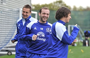 Framed Print : Everton FC: Jagielka, McFadden, and Baines in Focus at Finch Farm - Barclays Premier League Training Framed Print : Everton FC: Jagielka, McFadden, and Baines in Focus at Finch Farm - Barclays Premier League Training