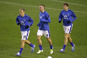 Images Dated 26th December 2012: Everton FC: Phil Neville, Darron Gibson, and Nikica Jelavic Preparing for Everton vs