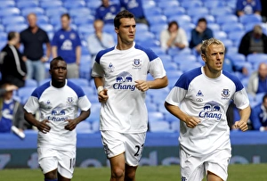 Everton FC: Pre-Match Training - Royston Drenthe, Apostolos Vellios, and Phil Neville at Goodison Park
