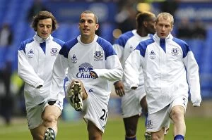 Images Dated 29th October 2011: Everton FC: Pre-Match Warm-Up - Leighton Baines, Leon Osman, and Tony Hibbert at Goodison Park