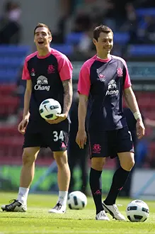 30 April 2011 Wigan Athletic V Everton Prints: Everton FC: Shane Duffy and Diniyar Bilyaletdinov Preparing for Wigan Athletic Clash (BPL)