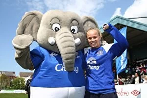 06 May 2012 Everton Ladies v Lincoln Ladies Collection: Everton Ladies: Jody Handley and Changy the Mascot Unite Before FA WSL Match at Arriva Stadium